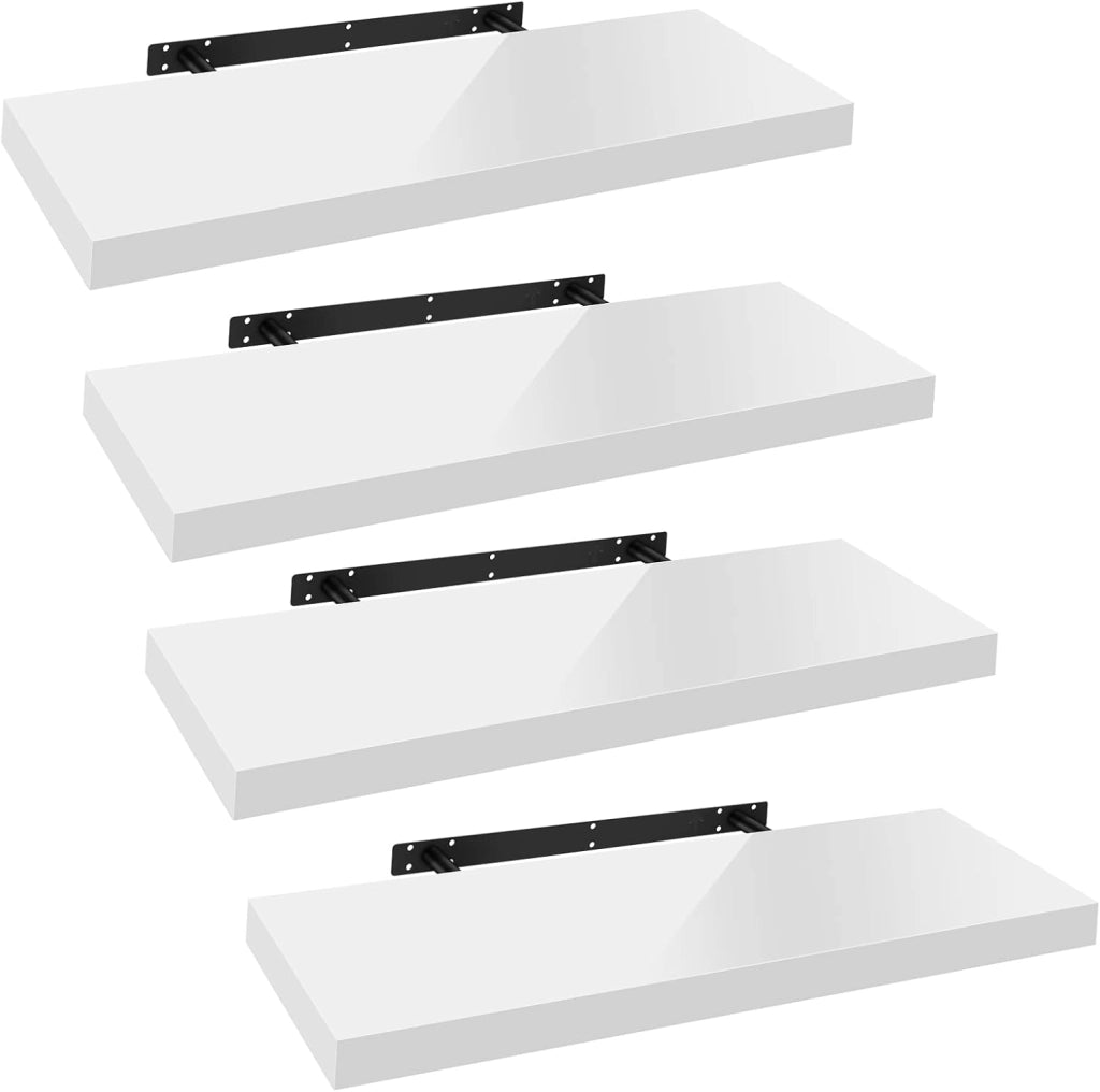 Mensola da Muro, Set di 4, Scaffale Sospeso da Parete Libreria Piccola per Soggiorno Cameretta Porta CD DVD, Pannello MDF 40x22,9x3,8cm, Nero, RG9476sz-4