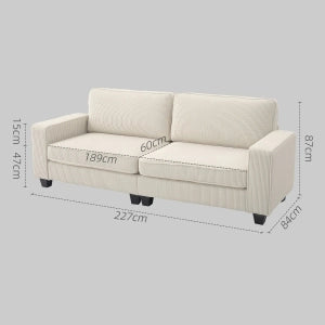 Divano dritto 3 posti con braccioli cuscini e seduta a molle in poliestere bianco crema 227 × 84 × 87 cm