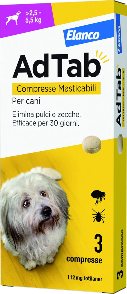 Elanco ANTIPARASSITARIO COMPRESSA MASTICABILE AdTab x cani  2,5÷5,5 kg. (cf. 3 compr. da 112,5 mg)