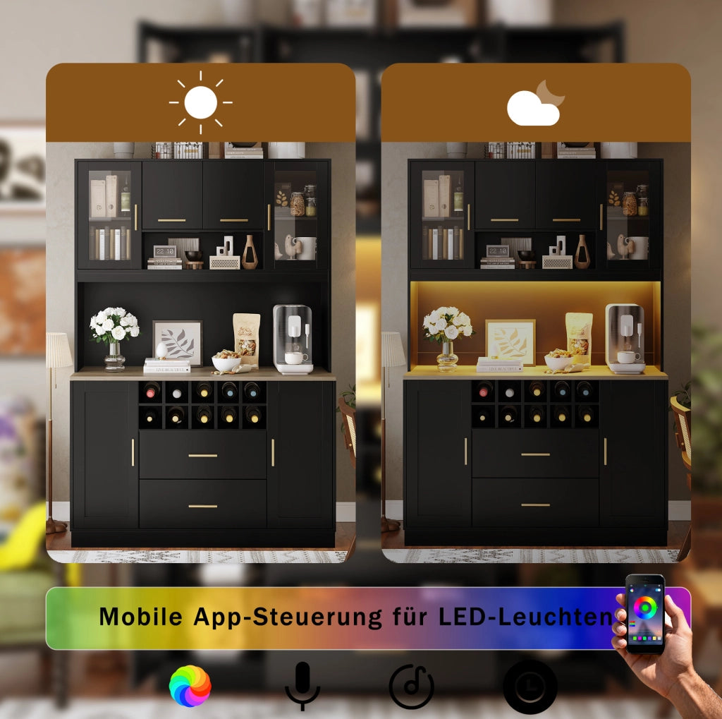 Credenza 120x36,3x180 cm con LED, prese USB e portabottiglie