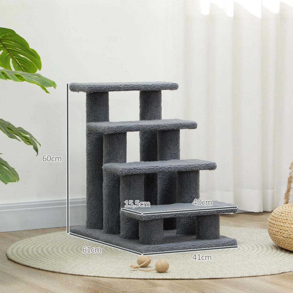 Tiragraffi per gatti a 4 livelli per salire e scendere in truciolato e peluche grigio 63,5 × 43 × 60 cm