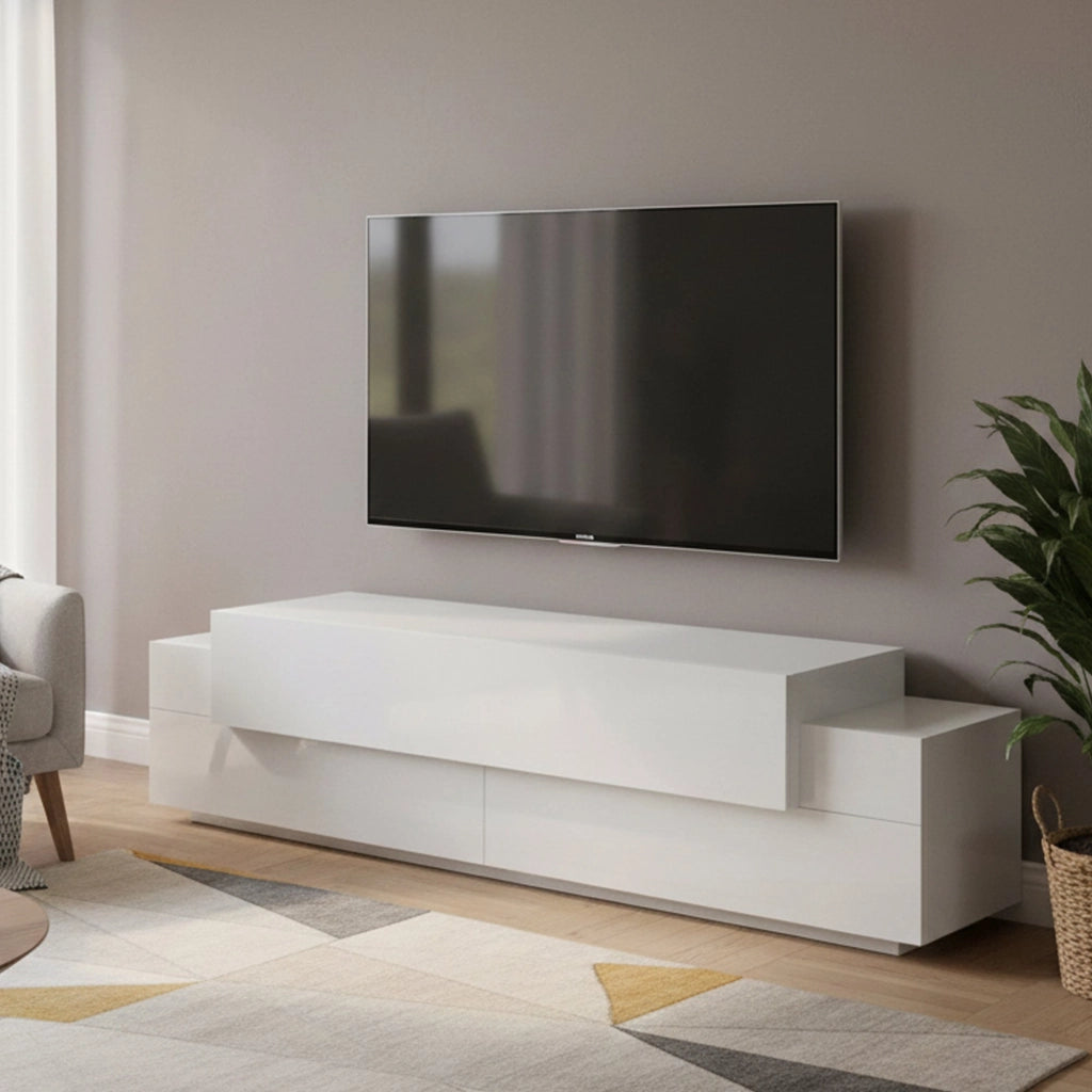 Mobile porta TV Arold, Credenza bassa da soggiorno, Base porta TV, 100% Made in Italy, cm 200x45h52, Bianco lucido