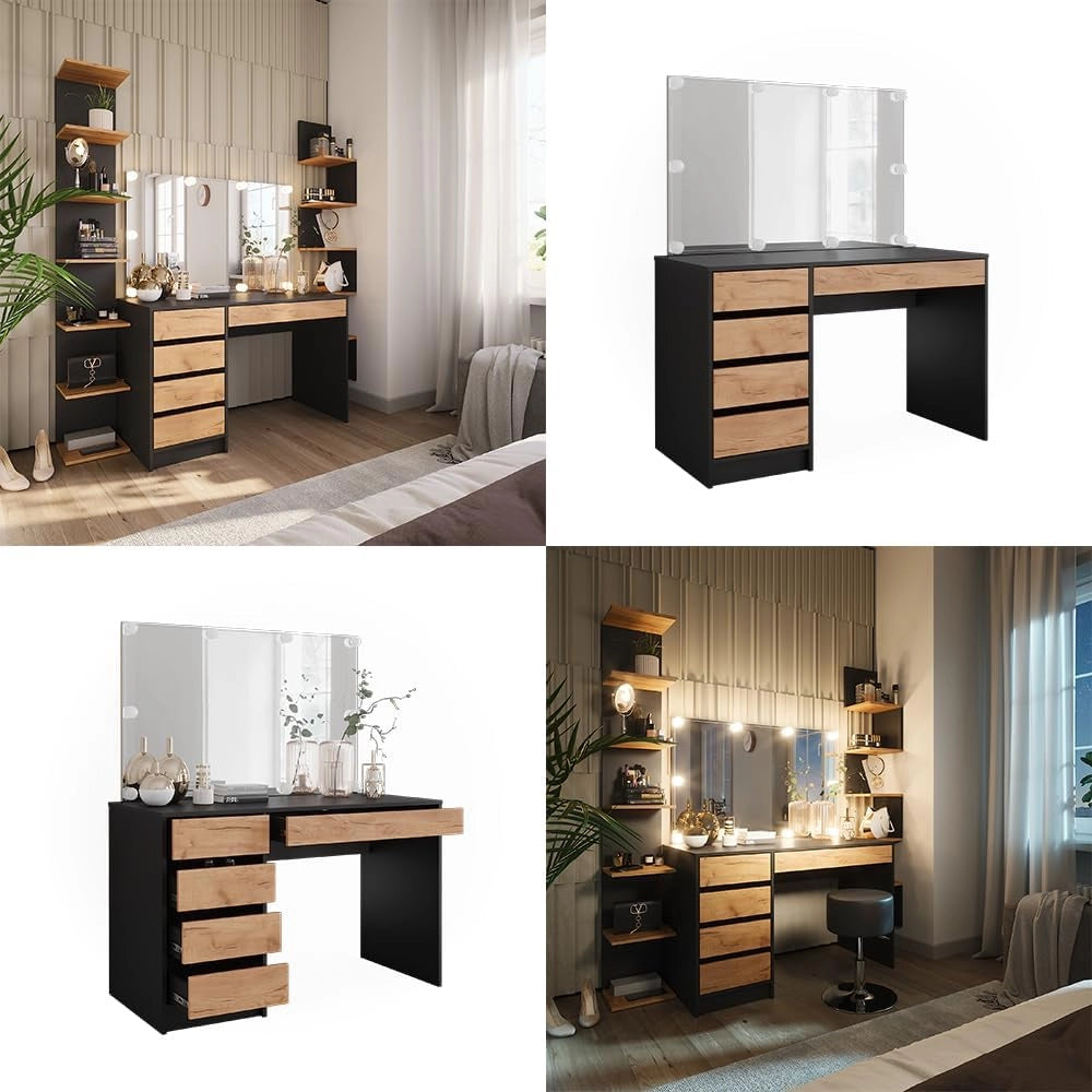 Tavolo da toilette Sherry, Antracite/quercia dorata, 120 x 75 cm con specchio e illuminazione a LED, con illuminazione LED e grande specchio rettangolare