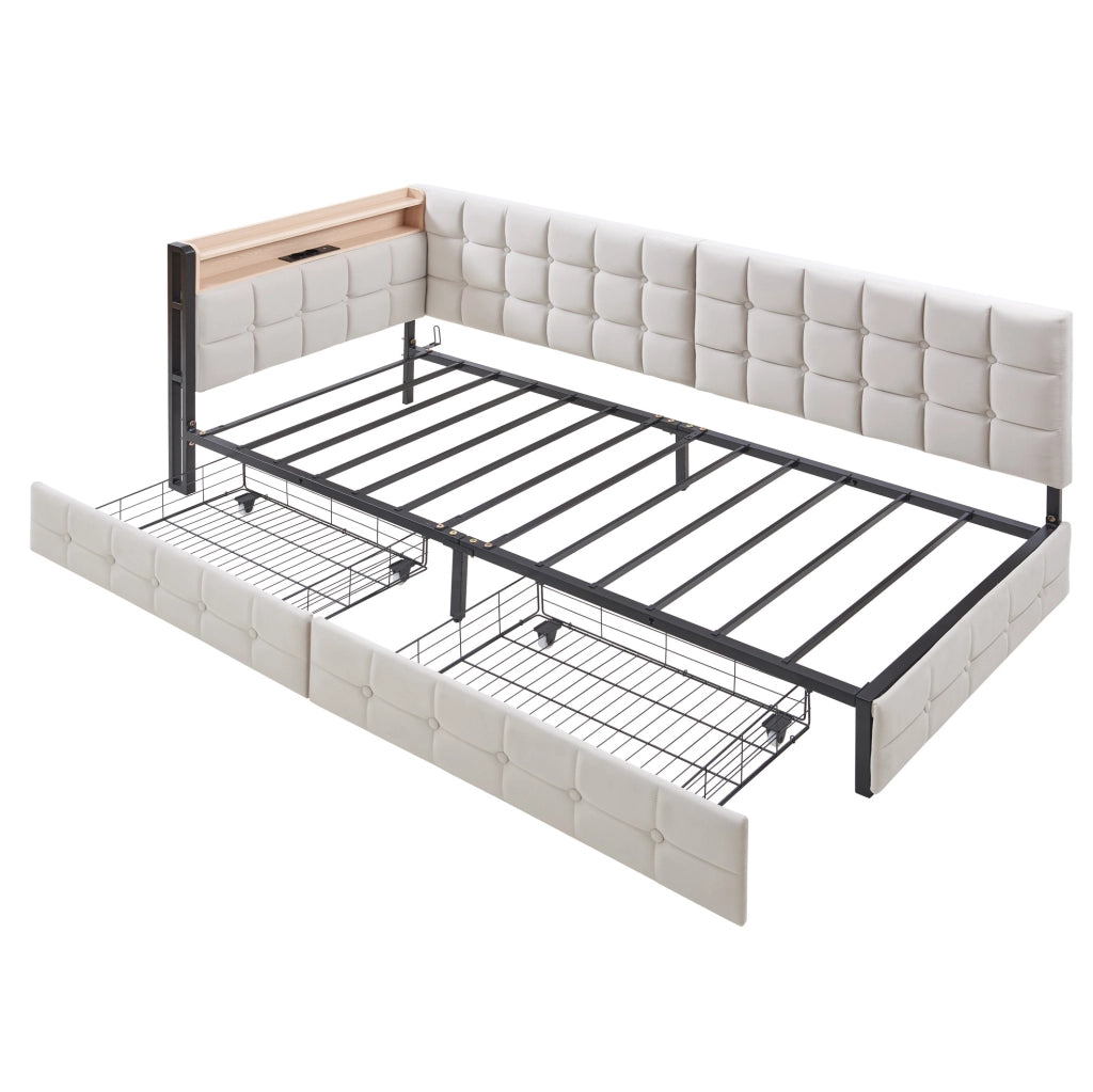 Divano letto imbottito ULEVR 90x200 cm con 2 cassetti, LED, USB e Type-C, beige