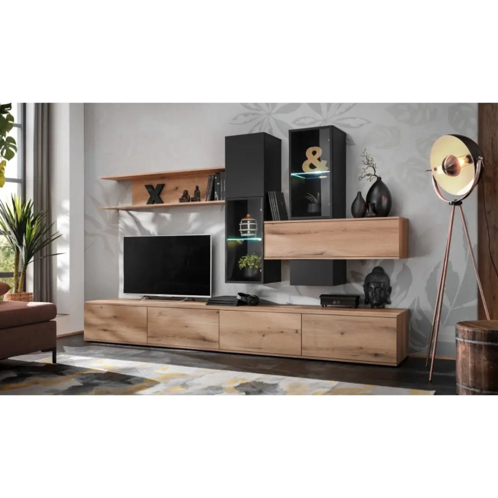 Composizione murale ORIANE – Mobile TV + contenitori sospesi – Rovere Coast Evoke e nero opaco