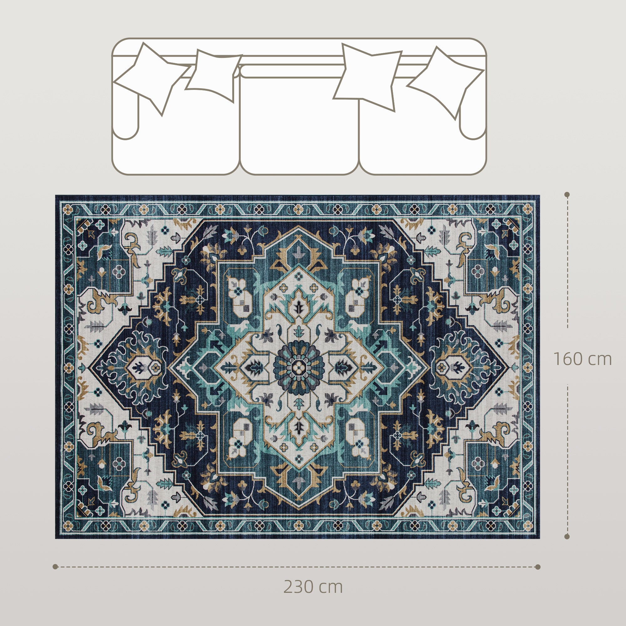 Tappeto Boho Antiscivolo e Lavabile 230x160 cm a Pelo Corto in Effetto Cashmere Blu