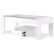 Tavolino da Caffè con 2 Cassetti e Vano Aperto; per Soggiorno; in Pannello Truciolare e Vetro; 100×50×40 cm; Bianco