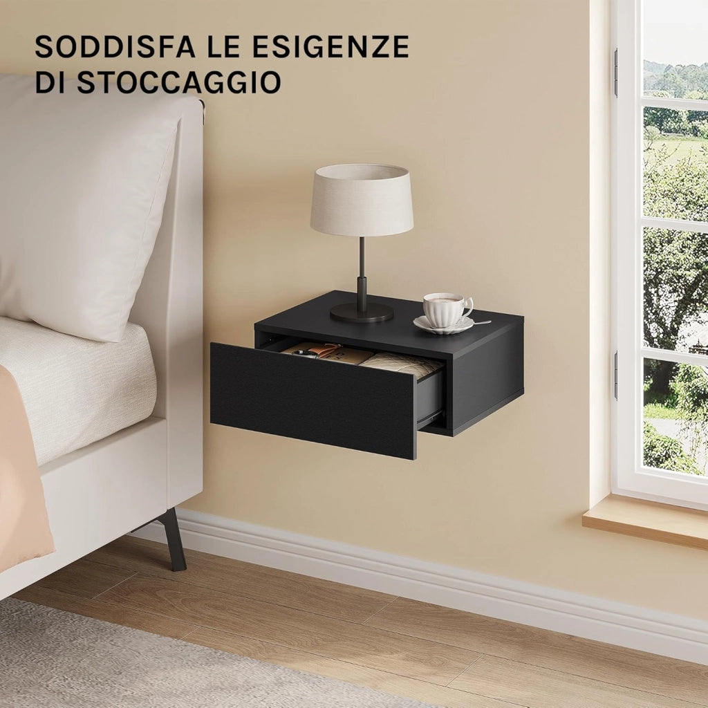 Set di 2 Comodini Galleggianti, Comodini a Parete Neri con Cassetto, Mensole da Letto, Mobili da Camera da Letto in Legno, NTS24sz-2