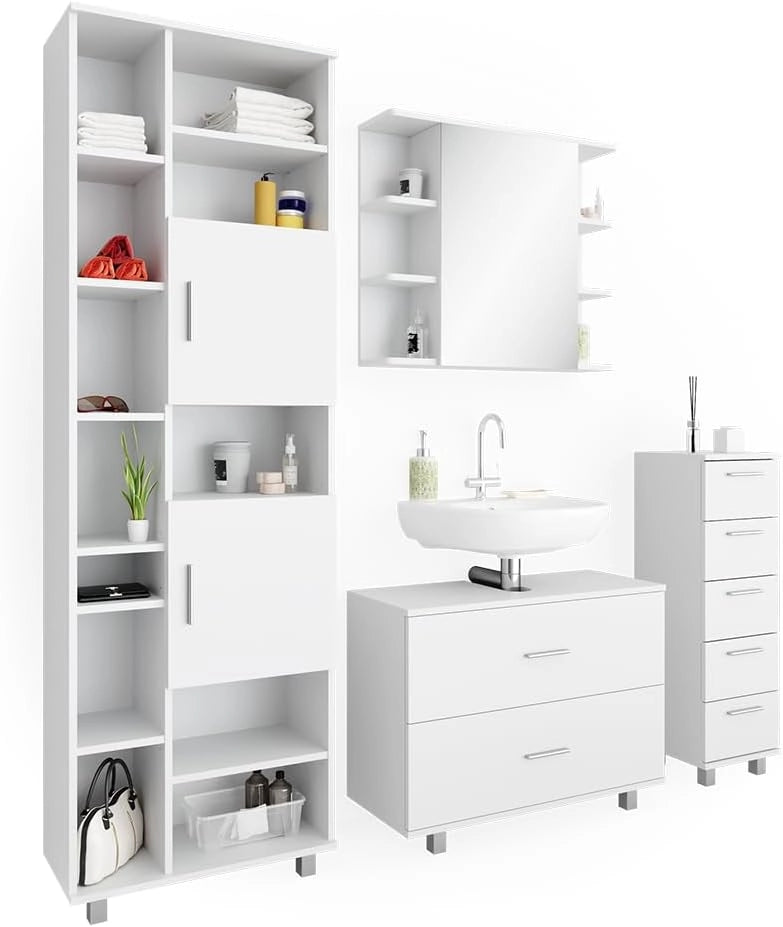 Set mobili bagno Ilias, Bianco, 80.2 cm, composto da mobile lavabo, pensile a specchio, colonna e base media
