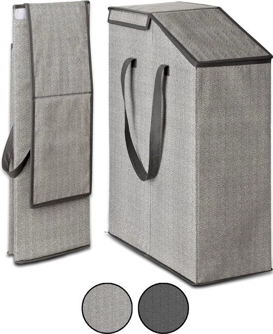 Cestino da bucato sottile con coperchio - 65 litri - 25 x 45 x 60 cm - Cestino da bucato pieghevole integrato - Lavabo spaziale - Grigio/Crema