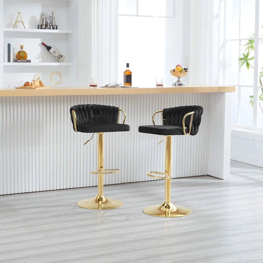 Set di 4 Sgabelli da Cucina Regolabili in Altezza, Sgabelli da Bar in Velluto, Sgabelli Girevoli a 360°, con Base in Metallo e Poggiapiedi, Nero BH426sz-4