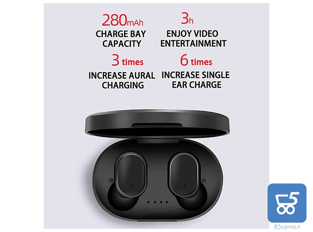 Cuffie Auricolari Bluetooth 5.0 stereo senza fili per tutti gli smartphone colore nero A6S