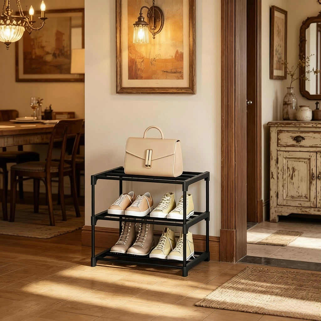 Scarpiera aperta a 3 ripiani con struttura in metallo - per ingresso - 42×30×37 cm - nero