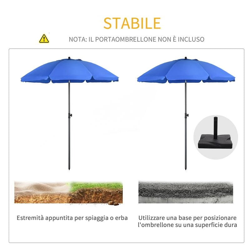 OMBRELLONE DA SPIAGGIA 1.8X2 M CON RECLINAZIONE A 45 E 8 STECCHE POLIESTERE E ACCIAIO BLU