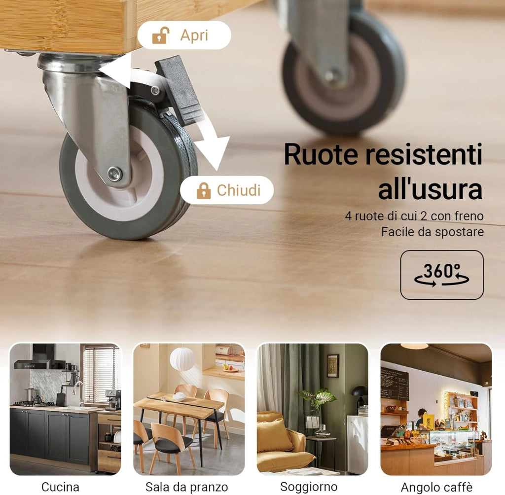 Carrello Cucina con Ruote Isola Cucina con Piano di Lavoro in Acciaio Inox, 4 Cassetti e Ripiani Regolabili Mobile Salvaspazio per Mobili da Cucina Naturale 115 x 46 x 92 cm FKW70-N