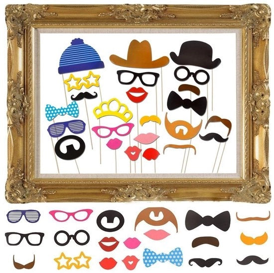 Set di accessori per foto - Accessori per festa - Cappelli e maschere - Proprietà divertenti - Matrimonio/festa di compleanno - Incluso: luce per te e stick per colla - Accessori per festa