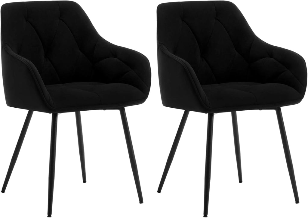 Set di 2 Sedie da Pranzo con Braccioli e Schienale, Sedie Cucina Moderna in Velluto, Poltrone da Salotto con Gambe in Metallo, Sedie ergonomiche per Ufficio, Bar, Nero, EZS02sz-2