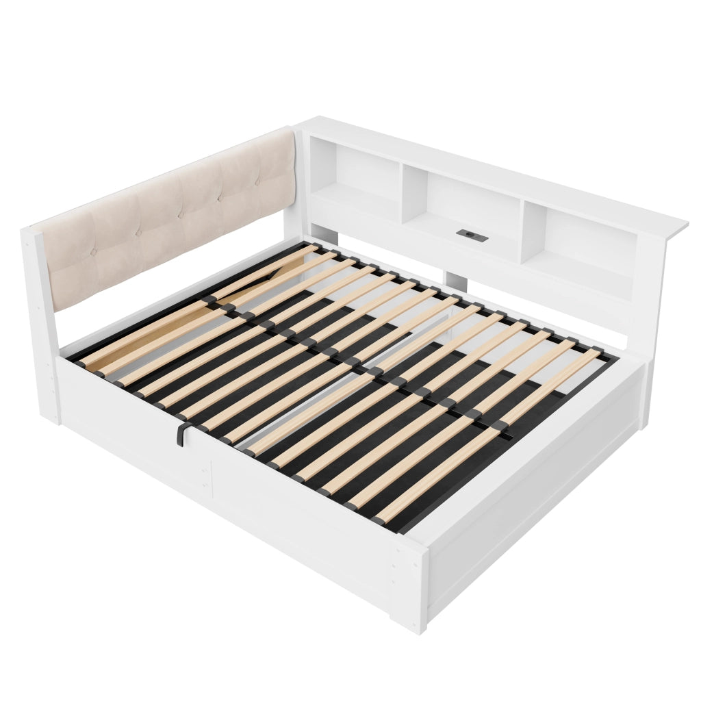 Letto Contenitore Letto Singolo 140x200 cm; con USB; LED e Scaffale laterale in Bianco
