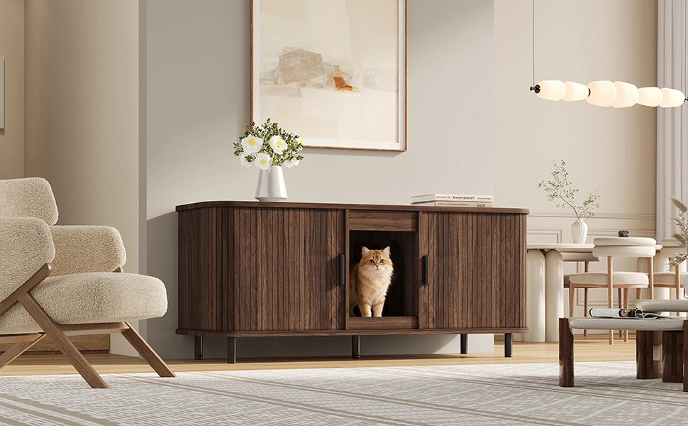 Mobile per lettiera per gatti con ante scorrevoli, doppio vano, effetto noce, con tappetino raccogli lettiera, 140x50x60 cm