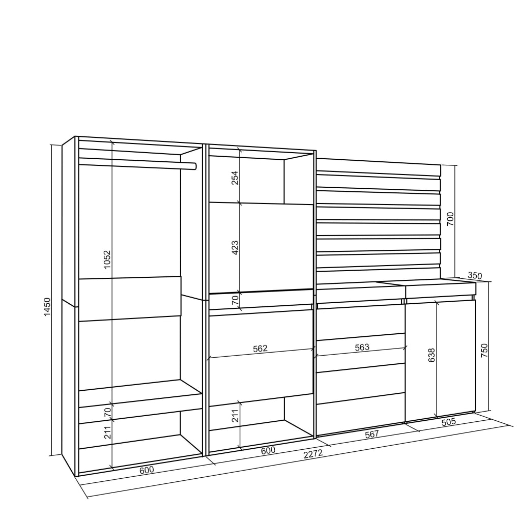 Scarpiera, 227x35x145cm, Camera da letto, Armadio Aperto, Cassettiera, Pannelli Decorativi, grigio cemento RF3521