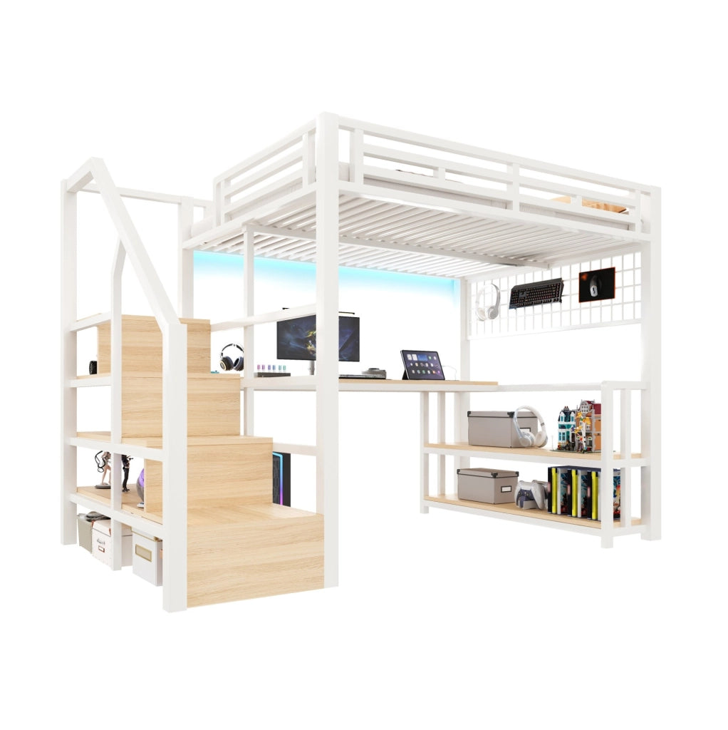 Letto a soppalco 140x200 cm con scrivania; LED e prese USB in metallo e MDF bianco