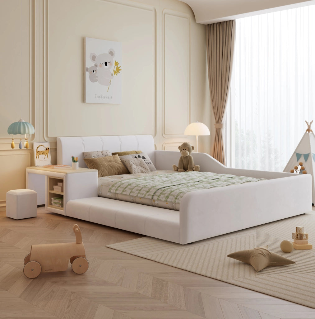 Letto imbottito 140x200 cm con scrivania; sgabello e ripiano in velluto bianco