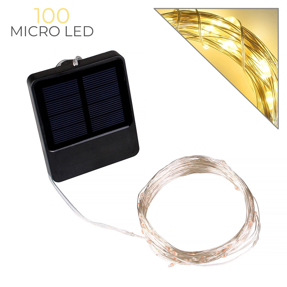 CATENA LUMINOSA RICARICA SOLARE 10 METRI CON 100 MICRO LED GIALLI - CAVO FLESSIBILE PER DECORAZIONI NATALIZIE GIARDINI E INTERNI