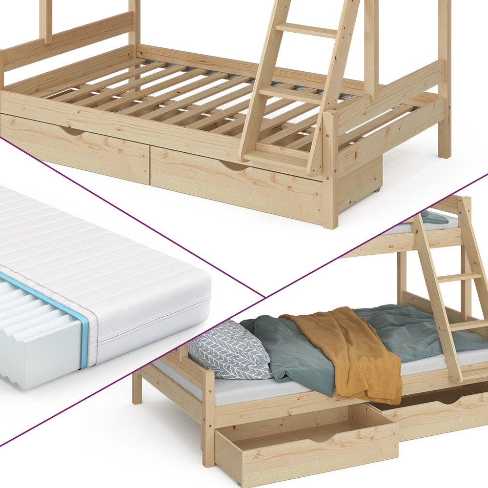 Vitalispa Letto a castello Legno naturale 120x200 / 80x200 cm con 2 materassi e 2 cassetti