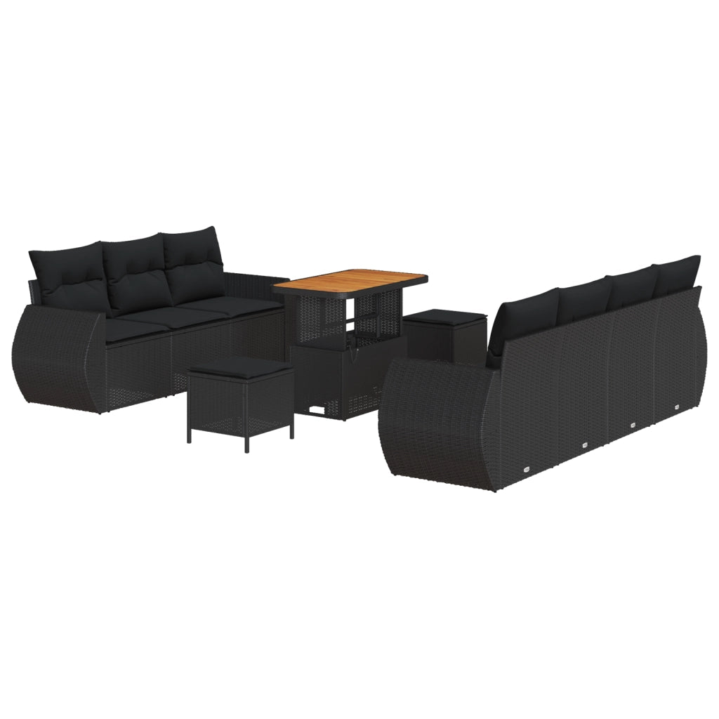 Set di Divani da Giardino a 10 Pezzi con Cuscini Nero in Polyrattan e Legno di Acacia