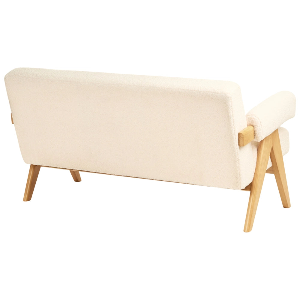 Divano a 2 posti Rivestimento in bouclé bianco sporco e marrone chiaro Design retrò Gambe in legno Soggiorno
