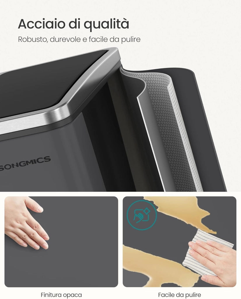 SONGMICS Cestino da Cucina, Pattumiera per Raccolta Differenziata 3 x 18L, 3 Scomparti per Riciclaggio, Coperchi a Chiusura Morbida, Pedali, Acciaio, Grigio Opaco LTB054G01