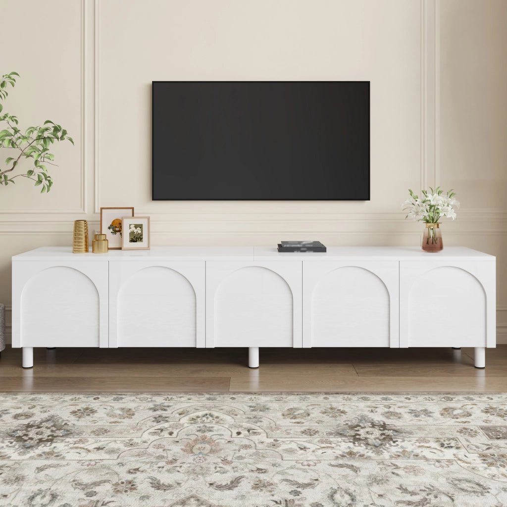 Mobile porta TV con 5 ante e passacavi, piedi in metallo, in MDF e PB, per soggiorno, bianco, 180 × 38 × 45 cm