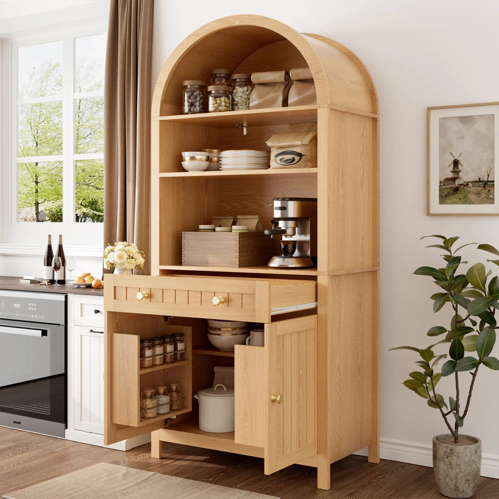 Mobile da cucina, libreria, ante a doppia apertura, ripiano interno per le spezie, in truciolato + MDF, colore legno naturale