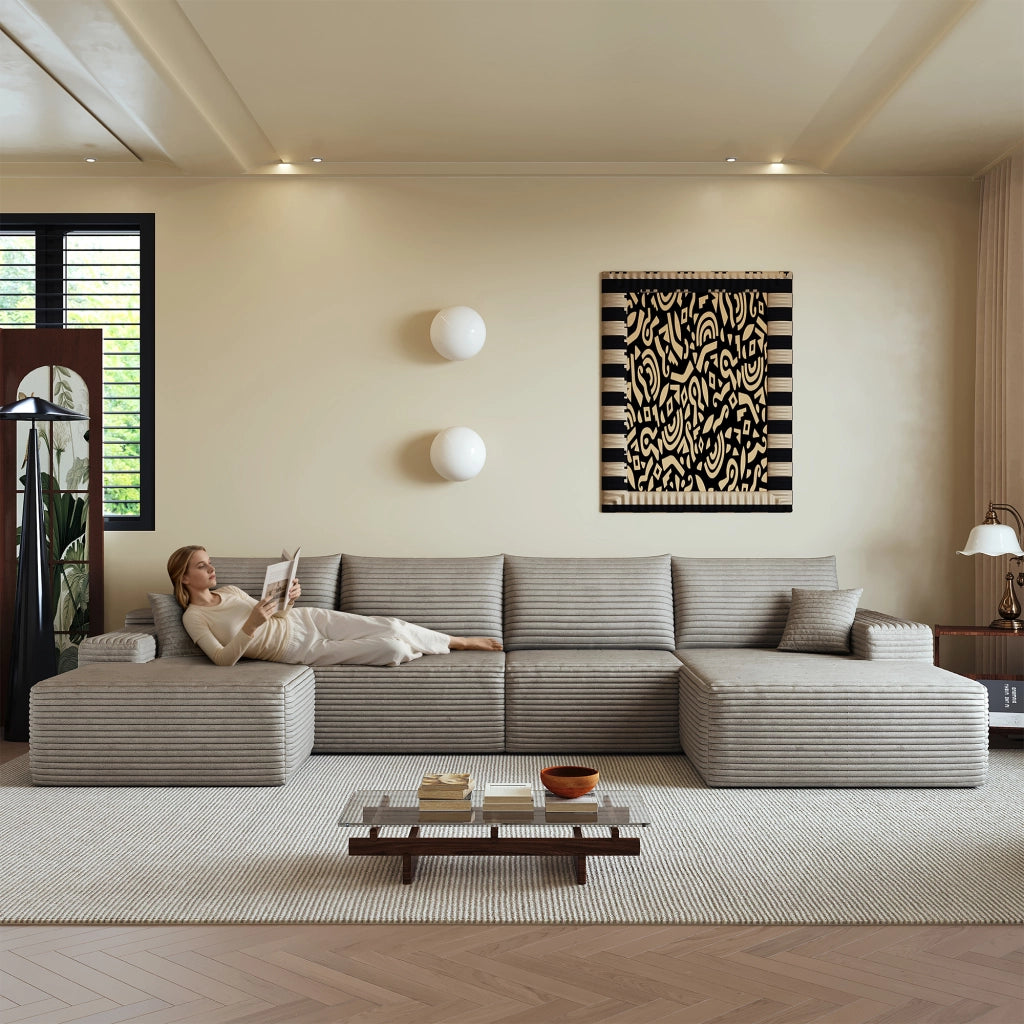Divano angolare modulare con chaise longue a L in velluto a coste, senza montaggio, schiuma elastica, camel