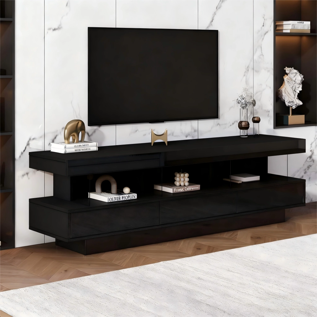 Cassettiera per TV nera lucida in truciolare lunga 160 cm