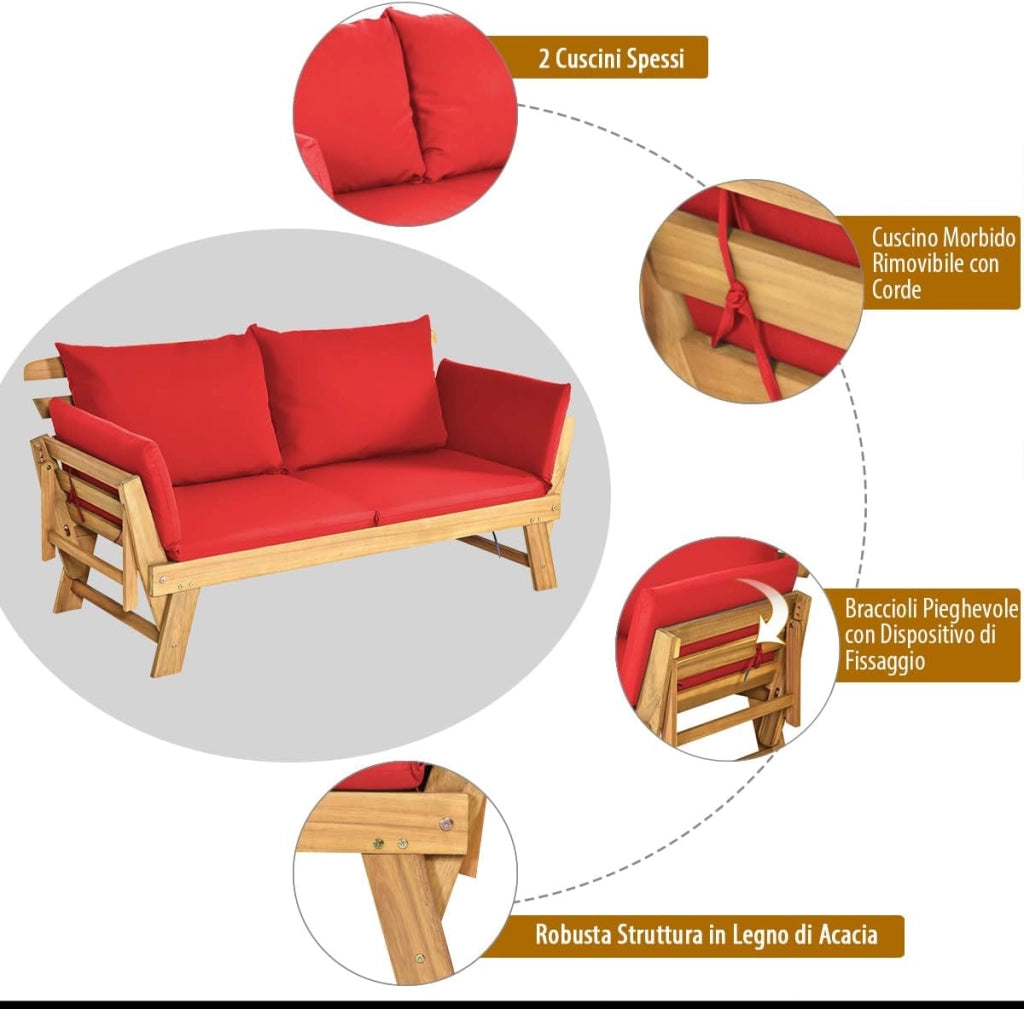 Divano Letto 2 Posti da Esterno in Legno di Acacia con Braccioli Regolabili, Sdraio da Giardino con Cuscini, Chaise longue Pieghevole per Giardino, Piscina, Cortile (Rosso)