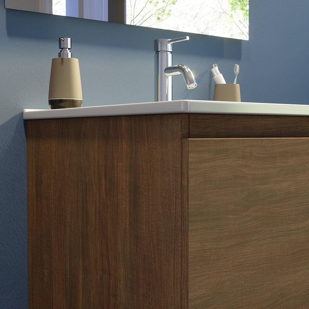 Mobile bagno sospeso 70 cm due ante rovere scuro lavabo e specchio | Yili