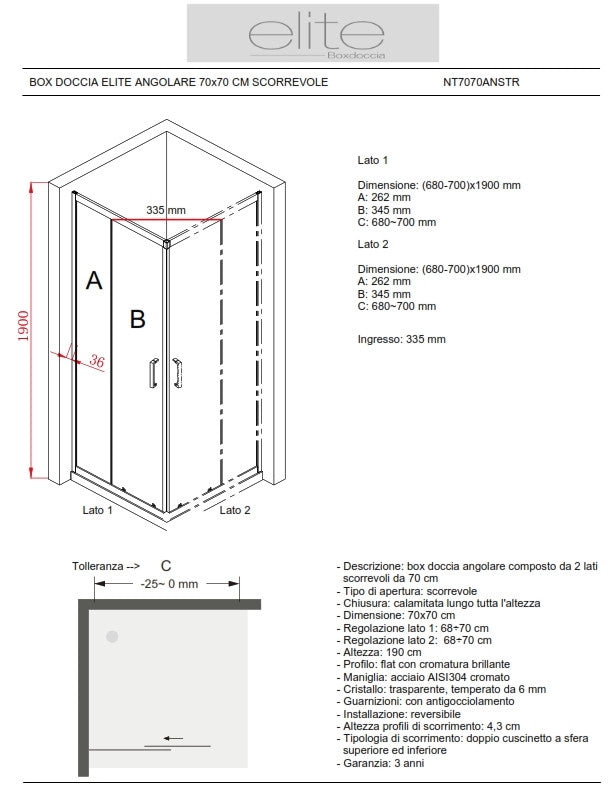 BOX DOCCIA ELITE ANGOLARE 70x70 CM SCORREVOLE OPACO
