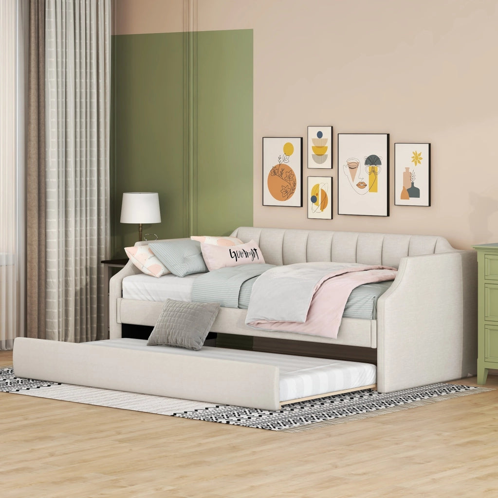 Letto singolo imbottito con secondo letto estraibile e design salvaspazio