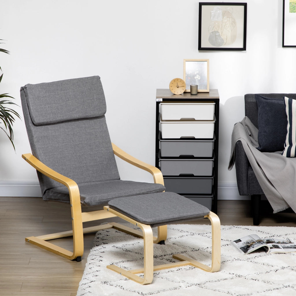 Poltrona con Poggiapiedi ¨C Zephmum ¨C Tessuto Grigio + Gambe Legno Naturale