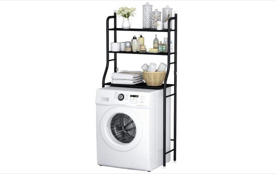 Sistema di Stoccaggio per Bagno, Scaffalatura per Lavatrice, 3 Ripiani, Supporto per Angolo Bagno, Organizzatore di Stoccaggio, con Binario di Appeso, Scaffalatura per Bagno, Nero