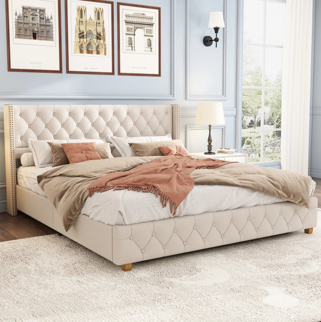 Letto imbottito 160x200 cm con rete a doghe e testiera beige in lino