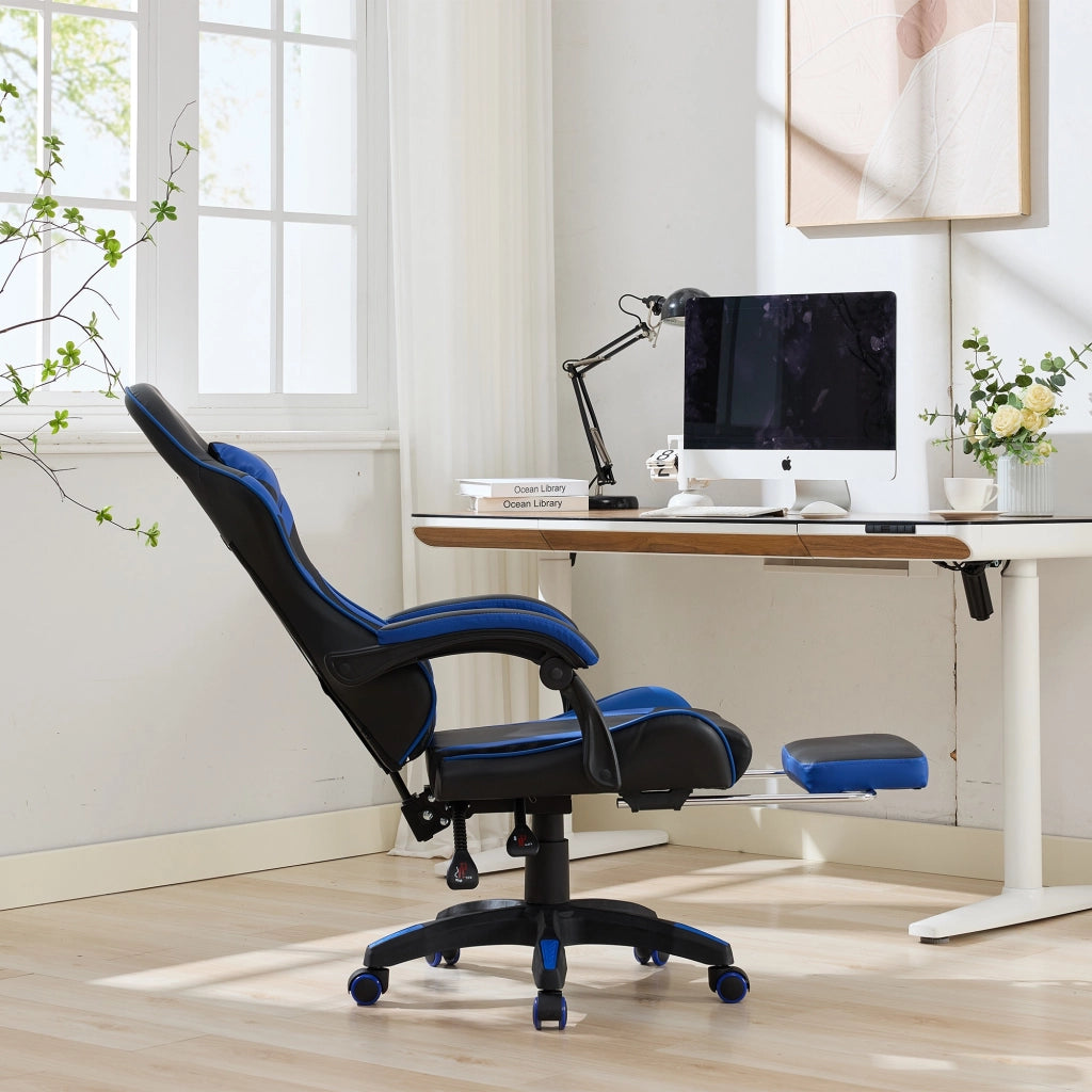 Sedia Gaming Ergonomica Girevole ¨C MINIMAL ¨C Ecopelle Nero e Blu, Poggiatesta e Supporto Lombare