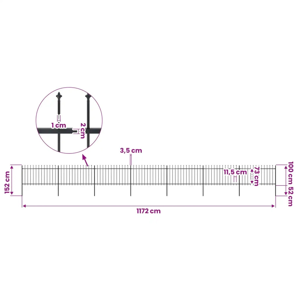 Recinzione da Giardino con Punta a Lancia in Acciaio 1172x100 cm Nero 277617