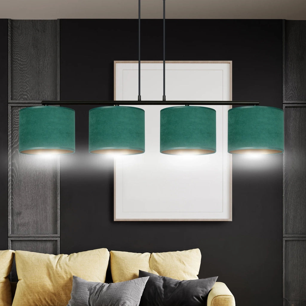 Lampadario 4 Luci Ganesha In Acciaio Nero E Paralumi In Tessuto Verde