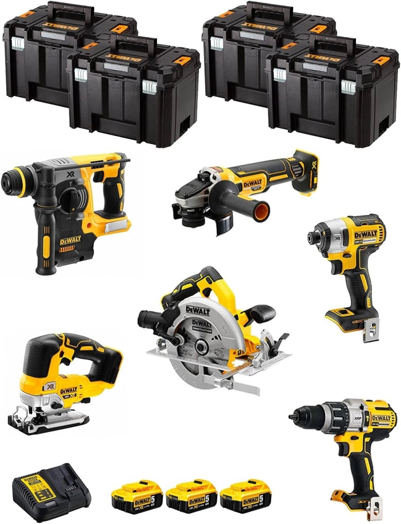 DeWALT Kit DWK601T (DCD996 + DCH273 + DCG405 + DCF887 + DCS334 + DCS570 + 3 Batterie 5,0 Ah + Caricabatterie + 4 x TSTAK VI)