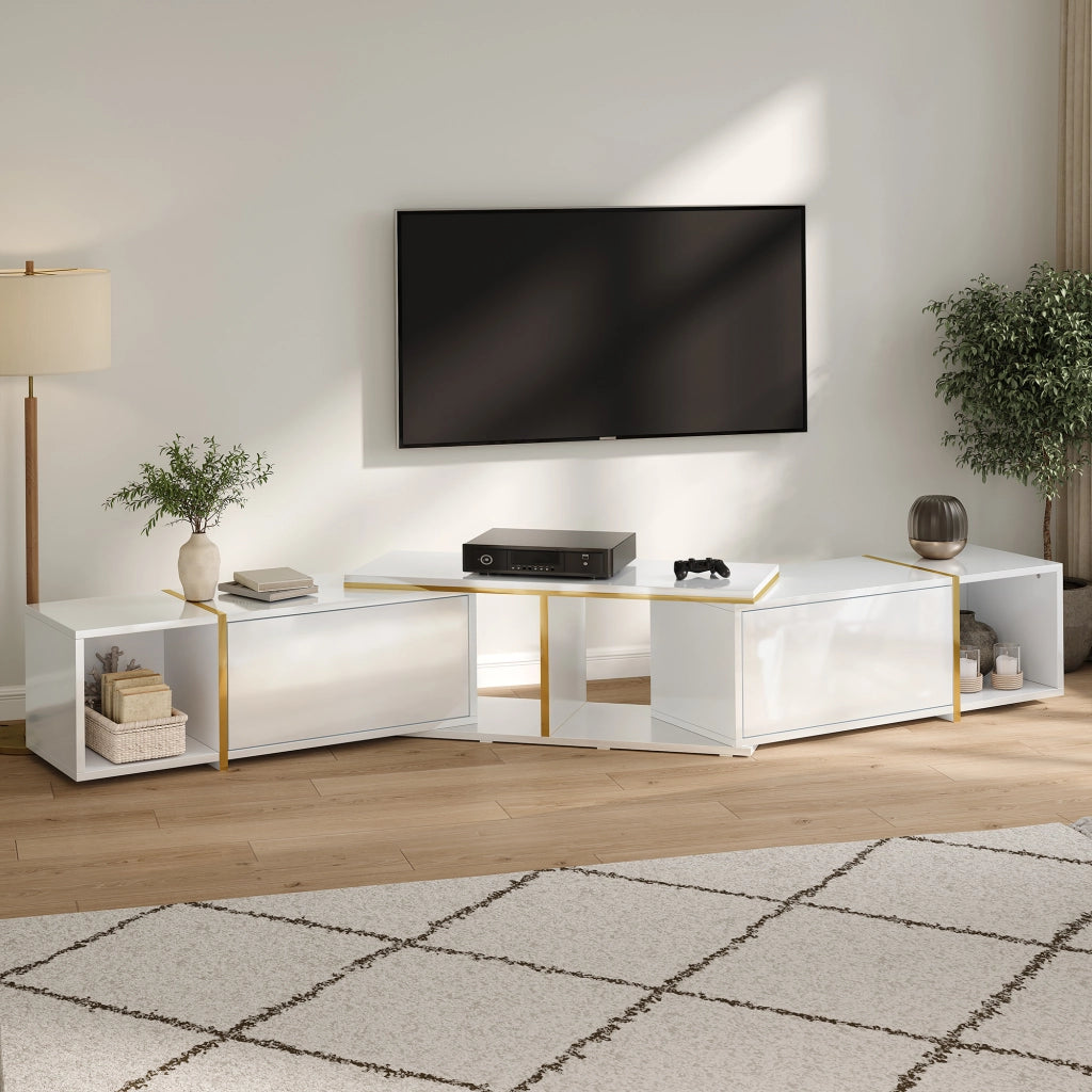 Mobile TV con elementi estraibili; vani aperti e passacavi - per soggiorno - 275×35×37 cm - in truciolare - bianco