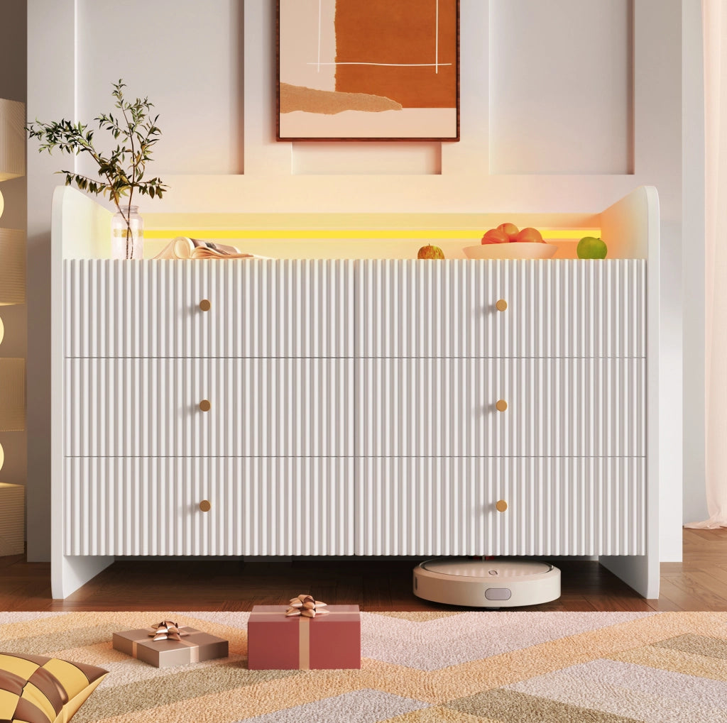 Credenza moderna con LED; 6 cassetti e vano aperto 120x40x75 cm; bianca