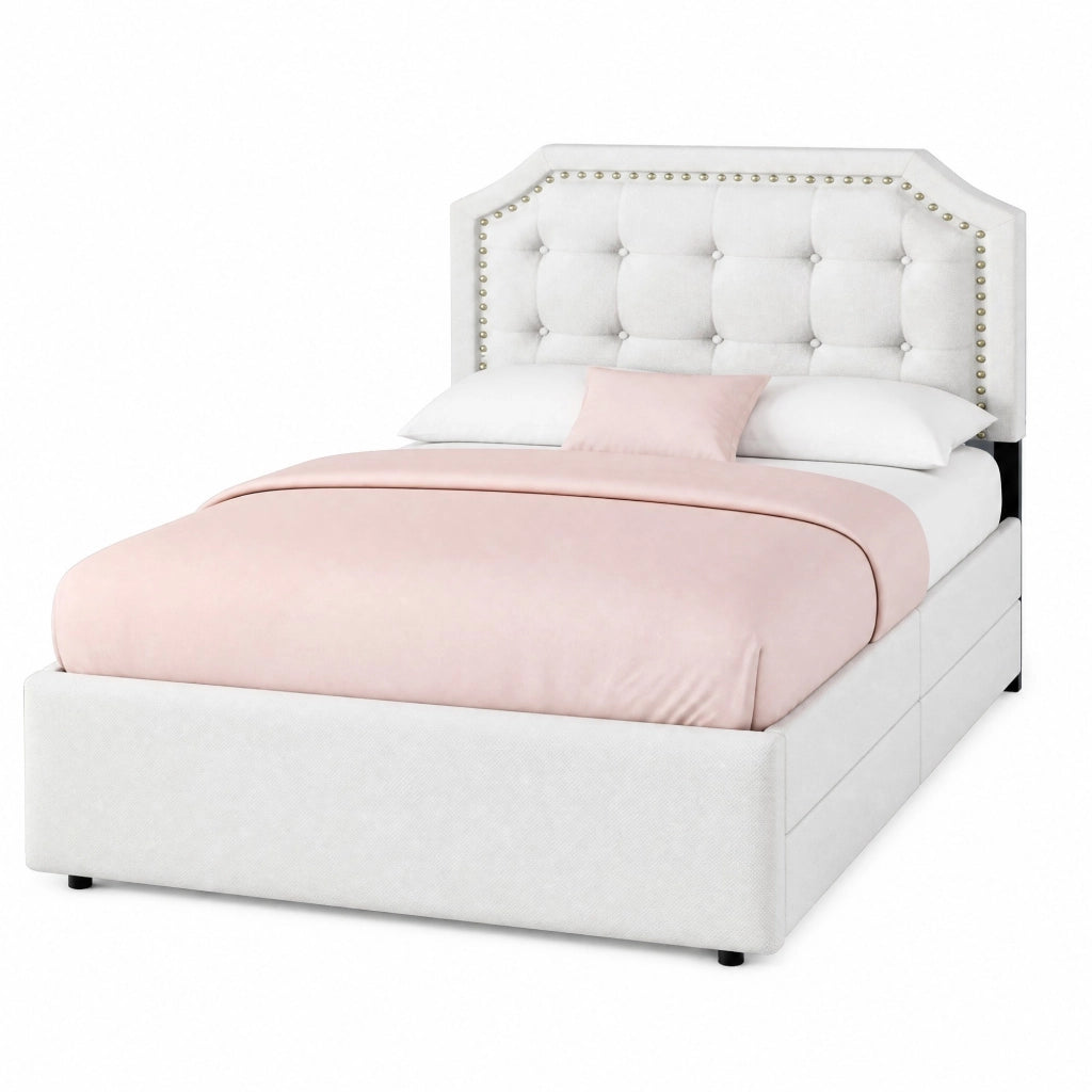 Letto imbottito 90 x 200 cm in MDF e lino, beige chiaro, con due cassetti