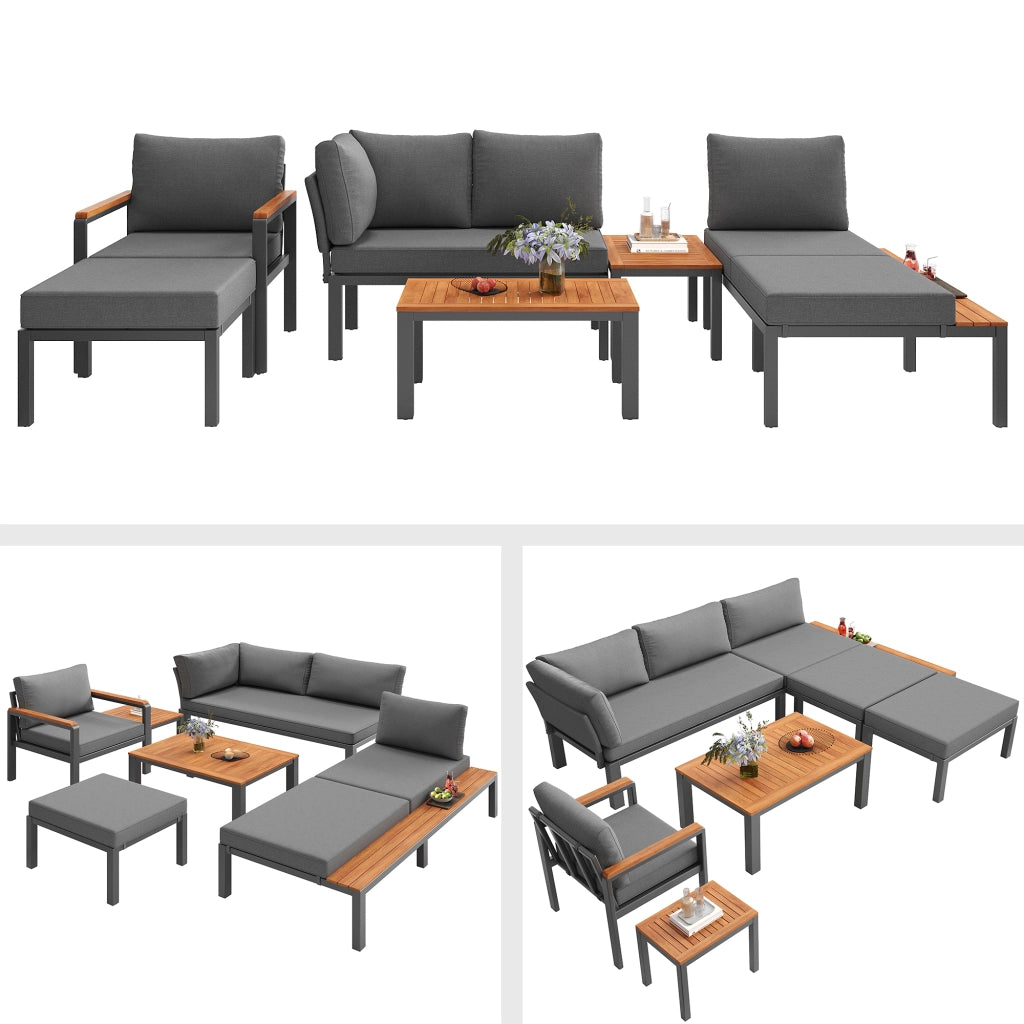 Set sedute modulari esterni: metallo; cuscini; tavoli legno; terrazza/balcone/piscina; grigio
